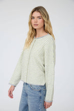 Load image into Gallery viewer, STRIPE RAW EDGE DROP SHOULDER KNIT CARDIGAN: DUSTY BLUE
