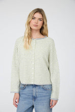 Load image into Gallery viewer, STRIPE RAW EDGE DROP SHOULDER KNIT CARDIGAN: DUSTY BLUE
