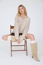 Load image into Gallery viewer, STRIPE RAW EDGE DROP SHOULDER KNIT CARDIGAN: DUSTY BLUE
