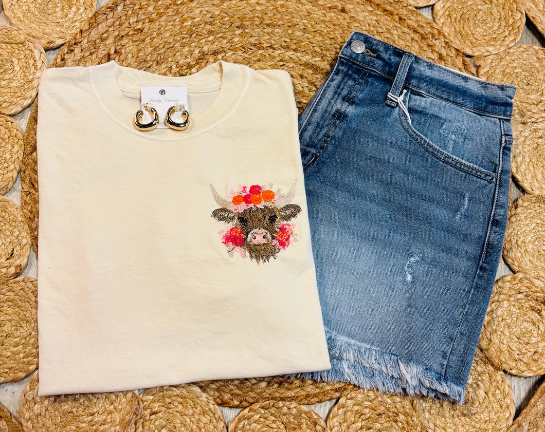 Fluffy Cow Embroidered Tee