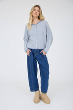 Load image into Gallery viewer, STRIPE RAW EDGE DROP SHOULDER KNIT CARDIGAN: DUSTY BLUE
