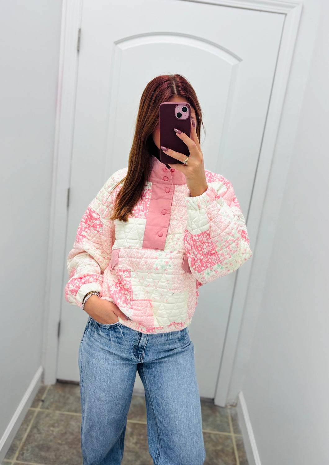 Pink Printed Quarter-zip Sweater
