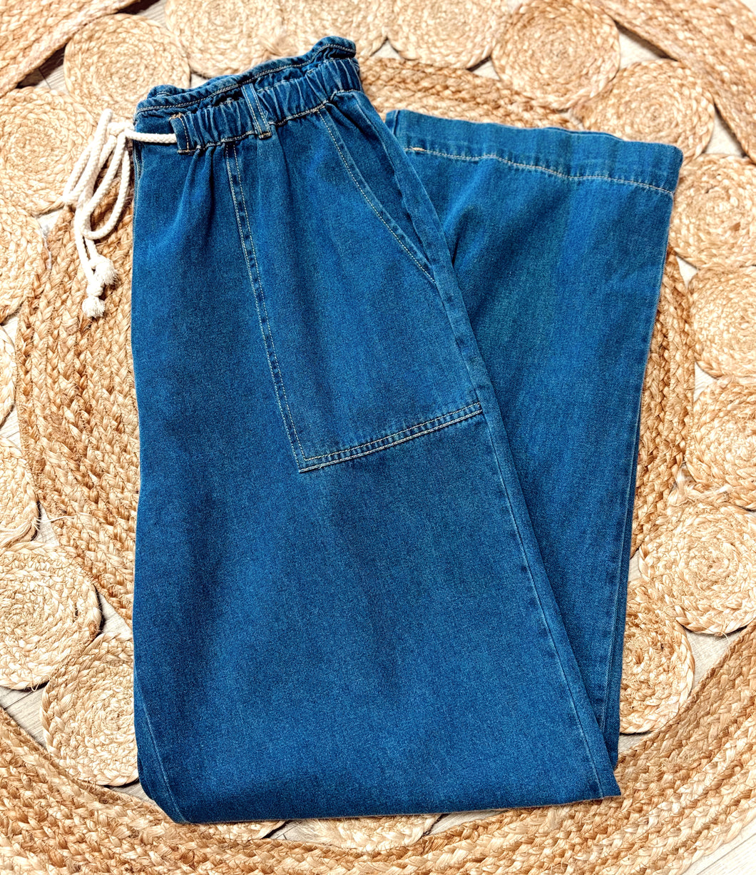 Dark Wash Wide Leg Drawstring Jeans