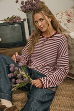Load image into Gallery viewer, BUTTON HENLEY STRIPE LONG SLEEVE DROP SHOULDER SWEATER: MOCHA
