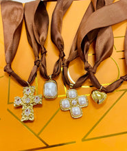 Load image into Gallery viewer, Brown Satin Scarf Necklace: Chunky Cross
