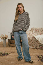 Load image into Gallery viewer, BUTTON HENLEY STRIPE LONG SLEEVE DROP SHOULDER SWEATER: MOCHA
