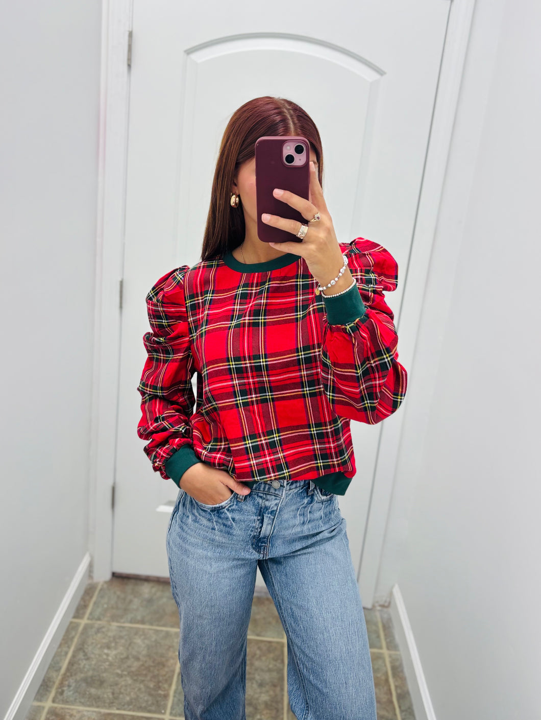 Christmas Plaid Puff Sleeve Top