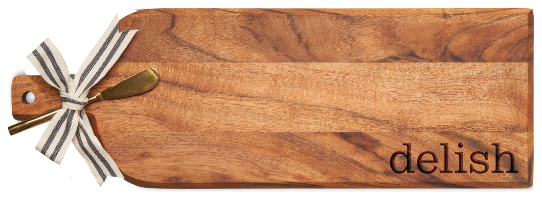 Acacia Bevel Board w/ Ribbon & Gold Spreader Knife | Delish | 20 x 7