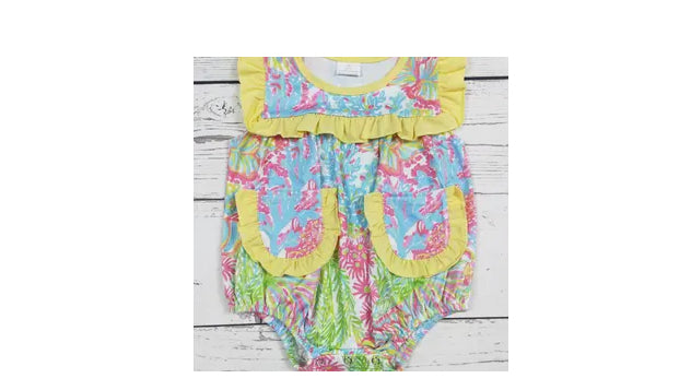 Baby girls yellow pocket printed summer romper