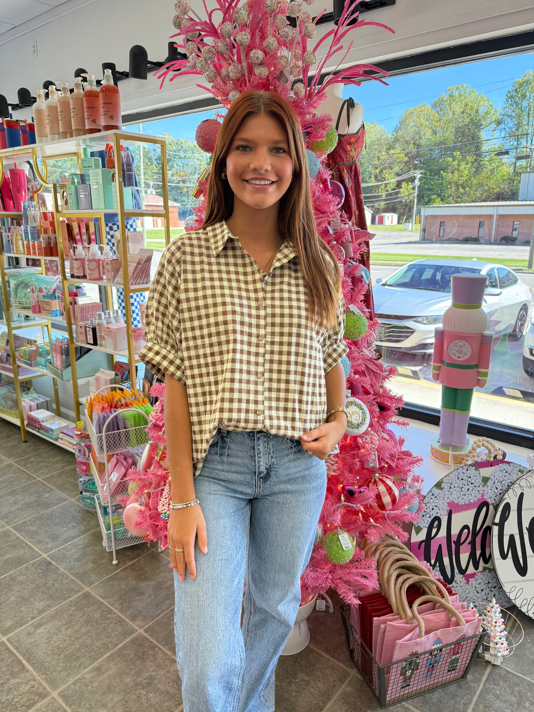 Brown and cream checkered blouse