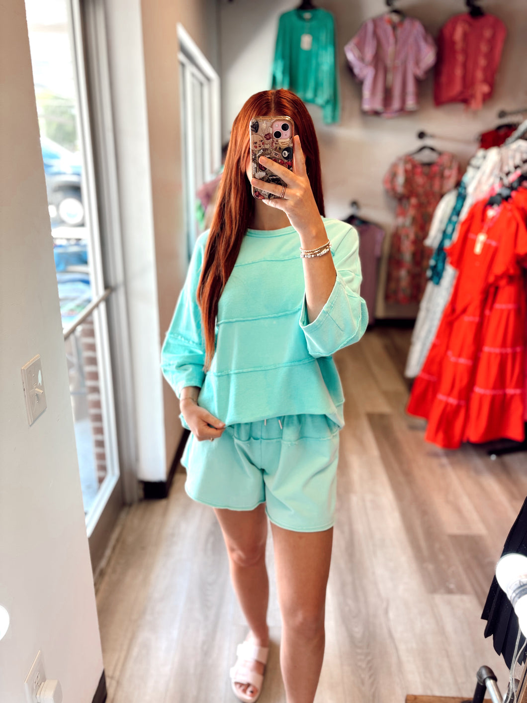 Teal Striped Shorts Set