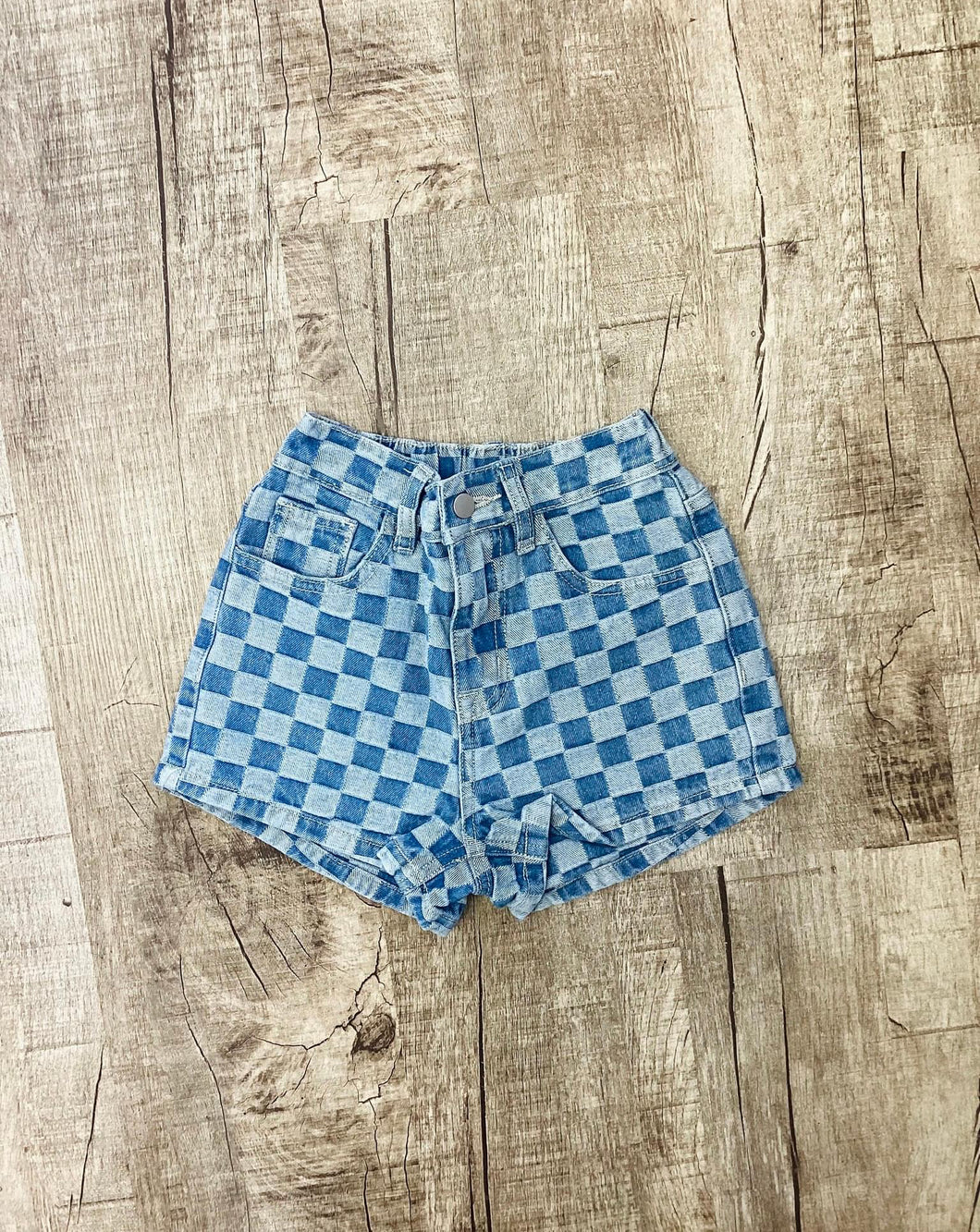 Checkered Denim Shorts