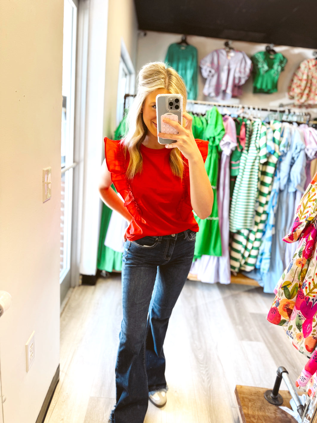 Red Ruffle Sleeve Blouse