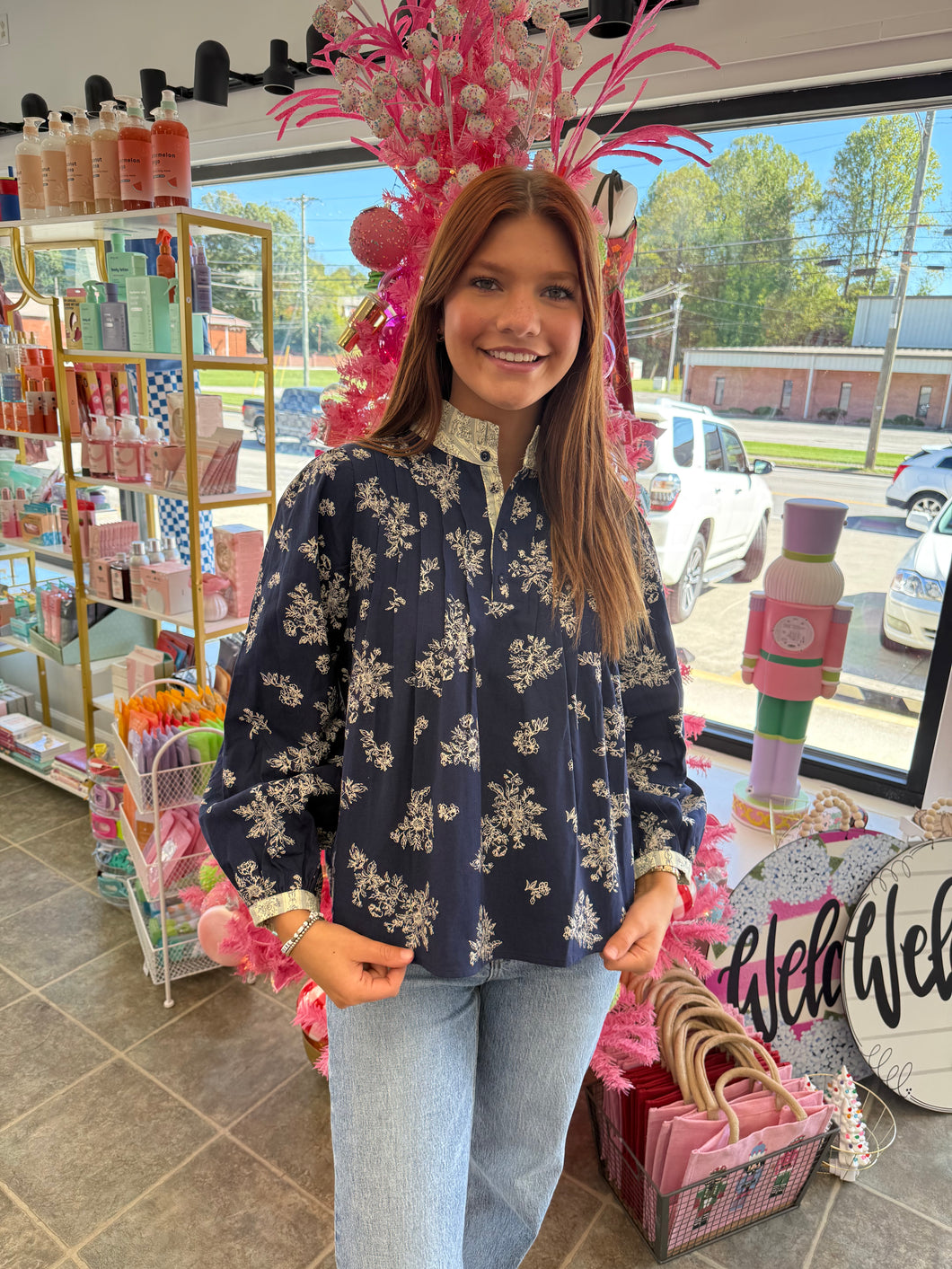 Blue and white floral blouse