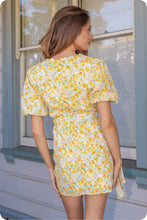 Load image into Gallery viewer, Ruched Short Puff Sleeve Floral Voile Mini Dress: Blue / S
