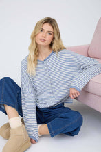 Load image into Gallery viewer, STRIPE RAW EDGE DROP SHOULDER KNIT CARDIGAN: DUSTY BLUE
