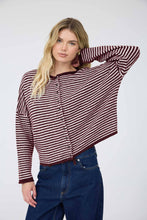 Load image into Gallery viewer, STRIPE RAW EDGE DROP SHOULDER KNIT CARDIGAN: DUSTY BLUE
