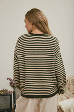 Load image into Gallery viewer, BUTTON HENLEY STRIPE LONG SLEEVE DROP SHOULDER SWEATER: MOCHA
