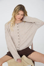 Load image into Gallery viewer, STRIPE RAW EDGE DROP SHOULDER KNIT CARDIGAN: DUSTY BLUE
