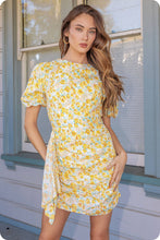 Load image into Gallery viewer, Ruched Short Puff Sleeve Floral Voile Mini Dress: Blue / L
