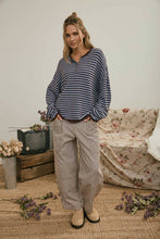 Load image into Gallery viewer, BUTTON HENLEY STRIPE LONG SLEEVE DROP SHOULDER SWEATER: MOCHA

