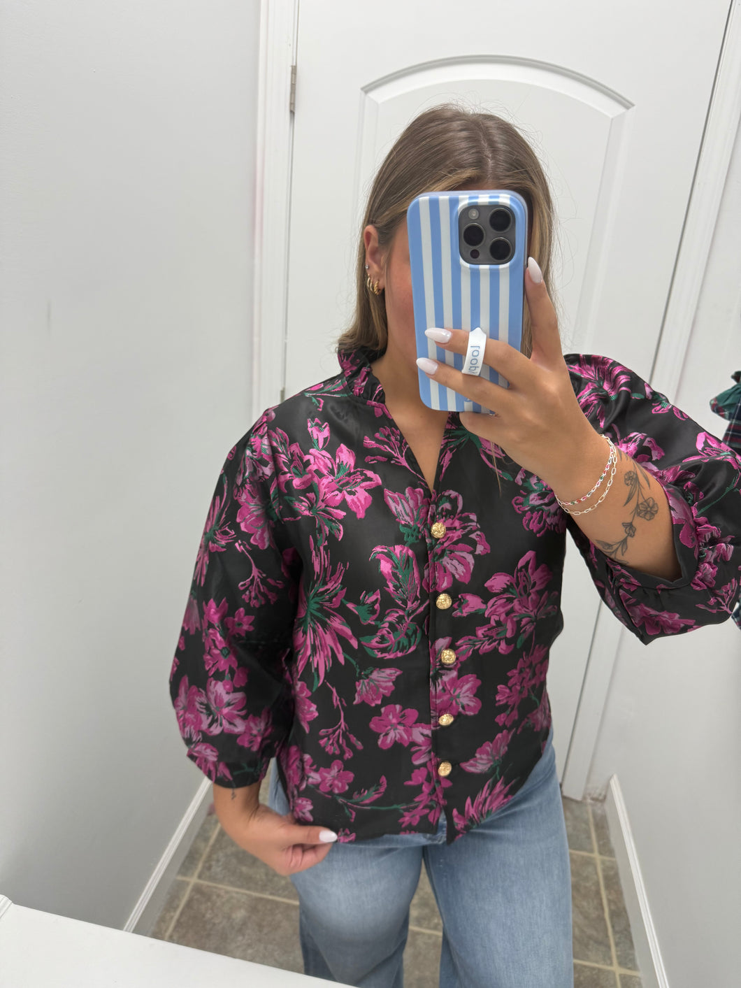Black and Pink floral button blouse