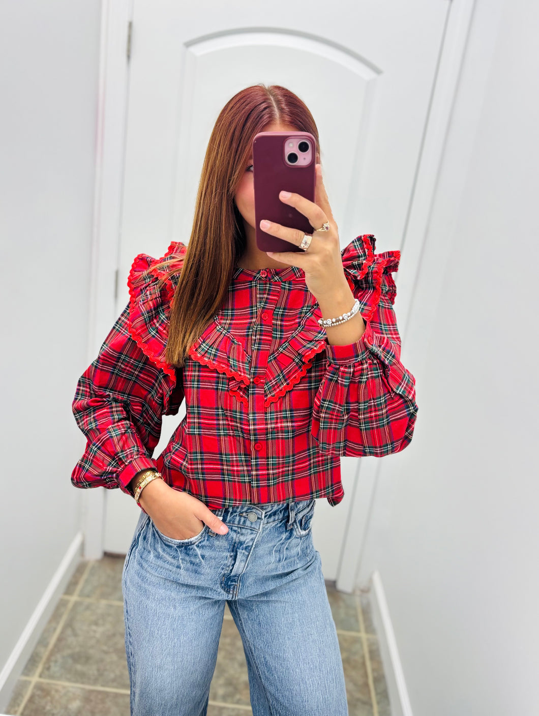 Christmas Plaid Ruffle Blouse w/ Ric Rac Trim