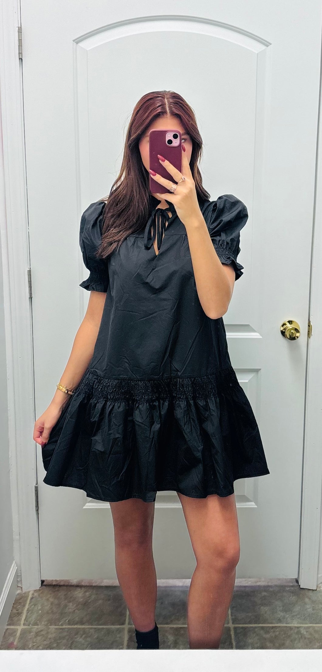 Black puff sleeve mid length dress