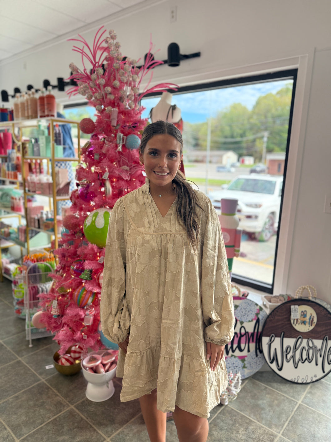 Cream v neck flower dress