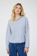 Load image into Gallery viewer, STRIPE RAW EDGE DROP SHOULDER KNIT CARDIGAN: DUSTY BLUE
