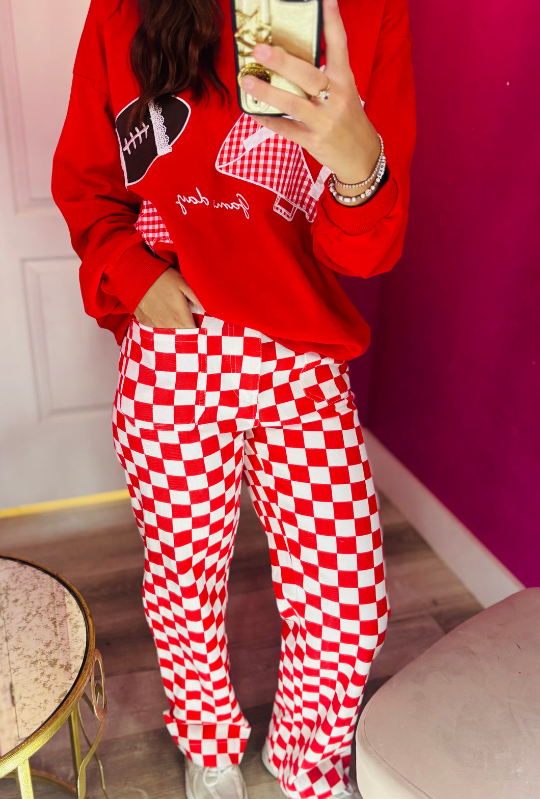 Red checkered pants