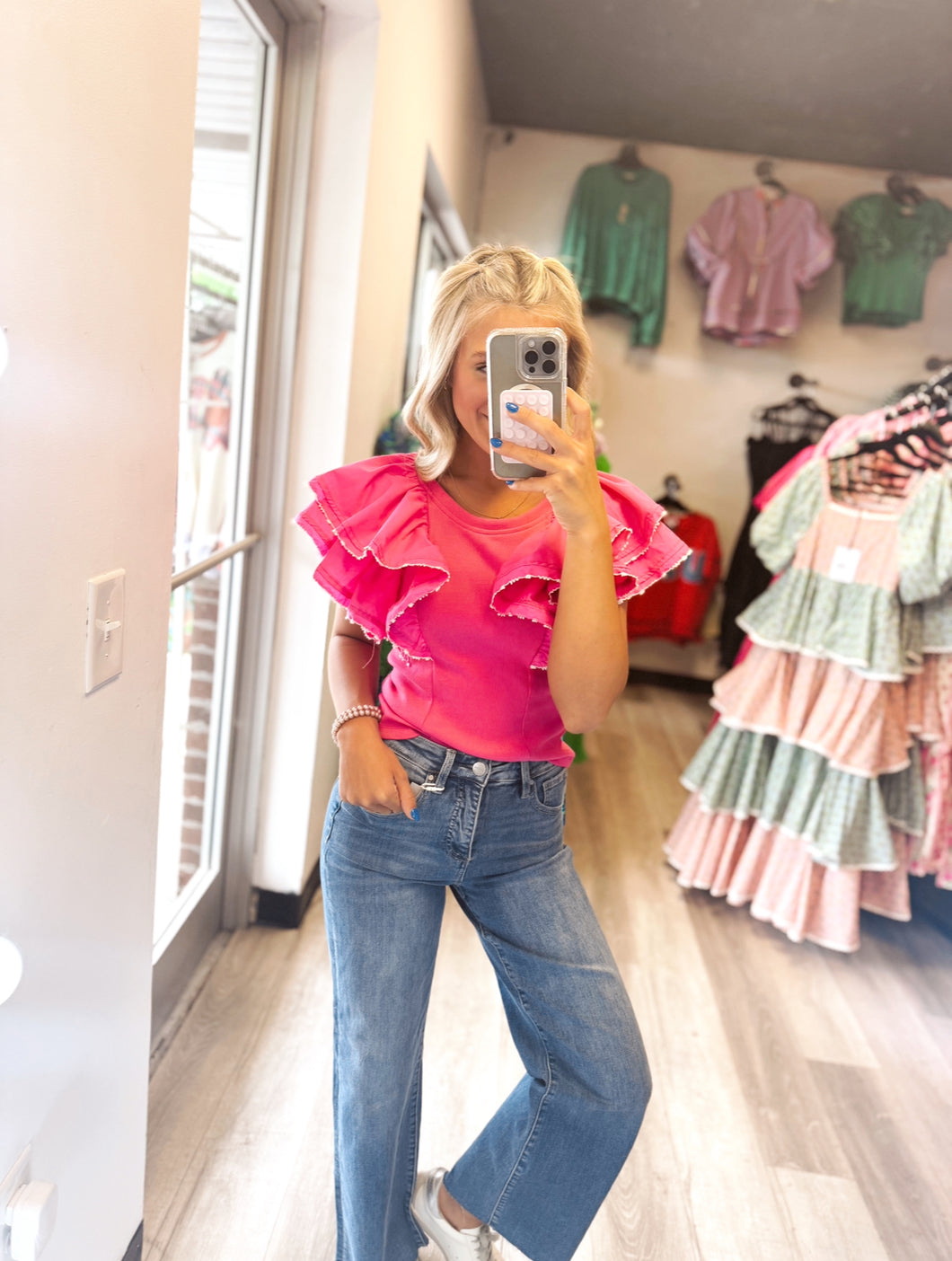 Pink Ribbed Ruffle Sleeve Top