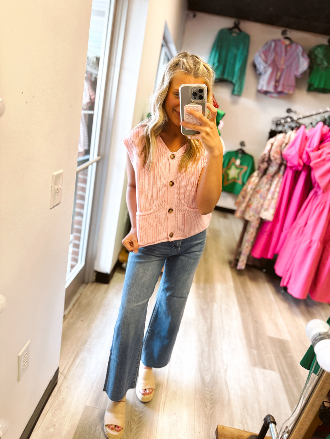 Pink Button Down Sweater Vest Top