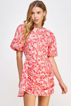 Load image into Gallery viewer, Ruched Short Puff Sleeve Floral Voile Mini Dress: Blue / L
