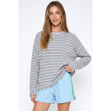 Load image into Gallery viewer, TF26-0464 - Long sleeve stripe tee with pocket: GREY/CREAM STRIPE / S-M-L(3-2-1)
