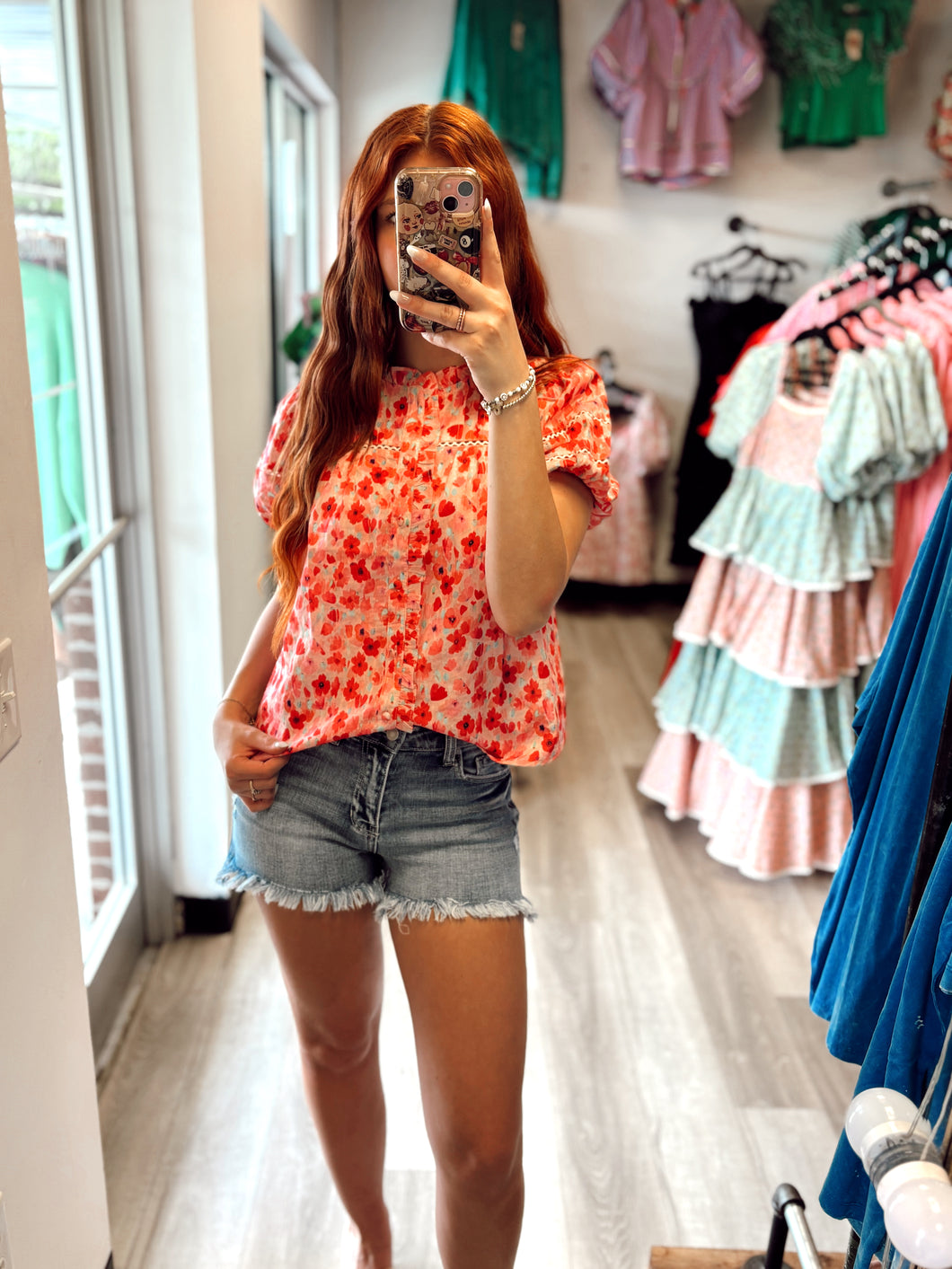 Pink Floral Button Top