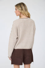 Load image into Gallery viewer, STRIPE RAW EDGE DROP SHOULDER KNIT CARDIGAN: DUSTY BLUE
