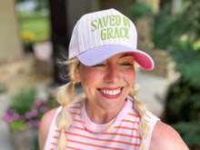 Load image into Gallery viewer, Embroidered Baseball Cap - "Saved by Grace" - Pink + Purple
