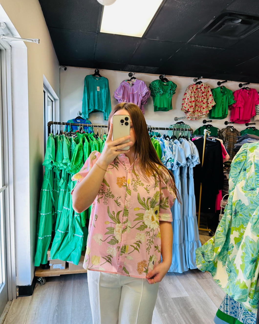 Pink puff sleeve floral blouse
