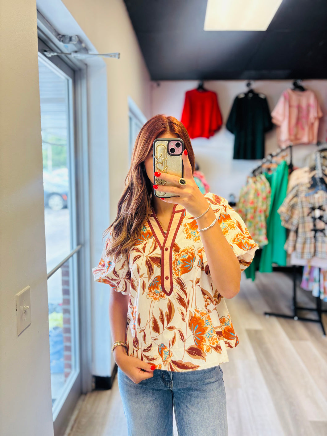 Maroon, Orange, and White Blouse
