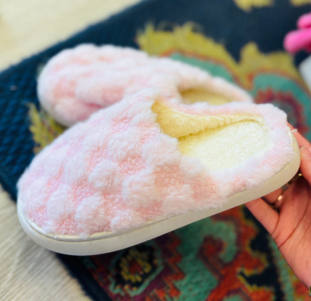 Pink Checkered Fuzzy Slippers