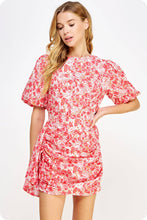 Load image into Gallery viewer, Ruched Short Puff Sleeve Floral Voile Mini Dress: Blue / S
