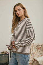 Load image into Gallery viewer, BUTTON HENLEY STRIPE LONG SLEEVE DROP SHOULDER SWEATER: MOCHA
