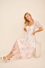 Load image into Gallery viewer, Floral print colorblock midi dress with puff short sleeves
