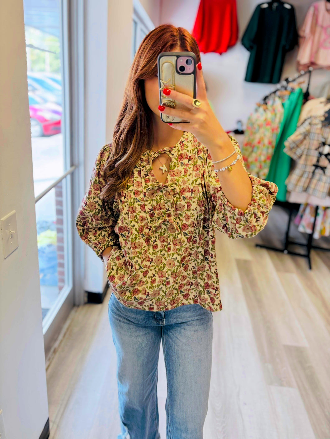 Floral Corduroy Bow Blouse