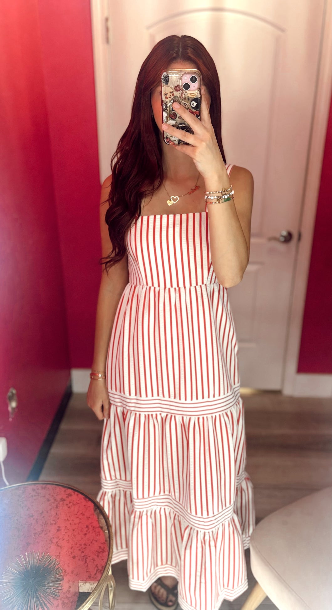 Red and White Striped Maxi Dress