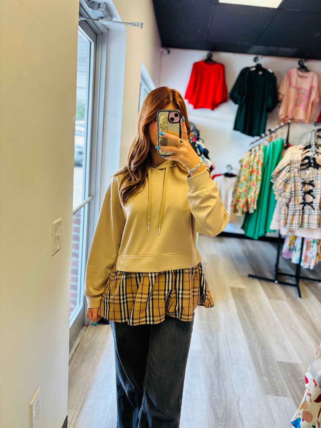 Tan Hooded Bottom Ruffled Top