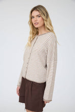 Load image into Gallery viewer, STRIPE RAW EDGE DROP SHOULDER KNIT CARDIGAN: DUSTY BLUE

