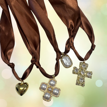 Load image into Gallery viewer, Brown Satin Scarf Necklace: Chunky Cross
