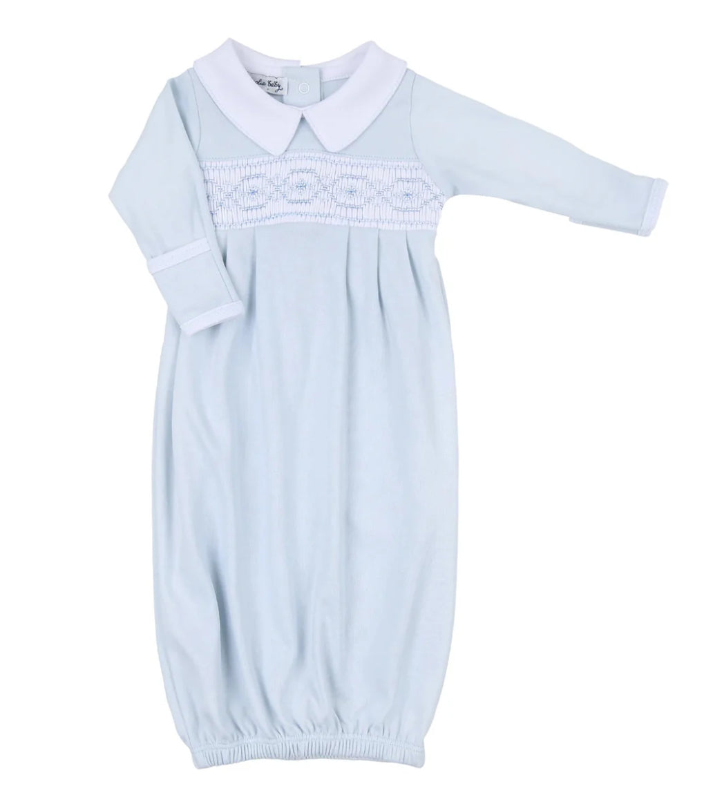 Abby & Alex Blue Smocked Collared Long Sleeve Gathered Gown